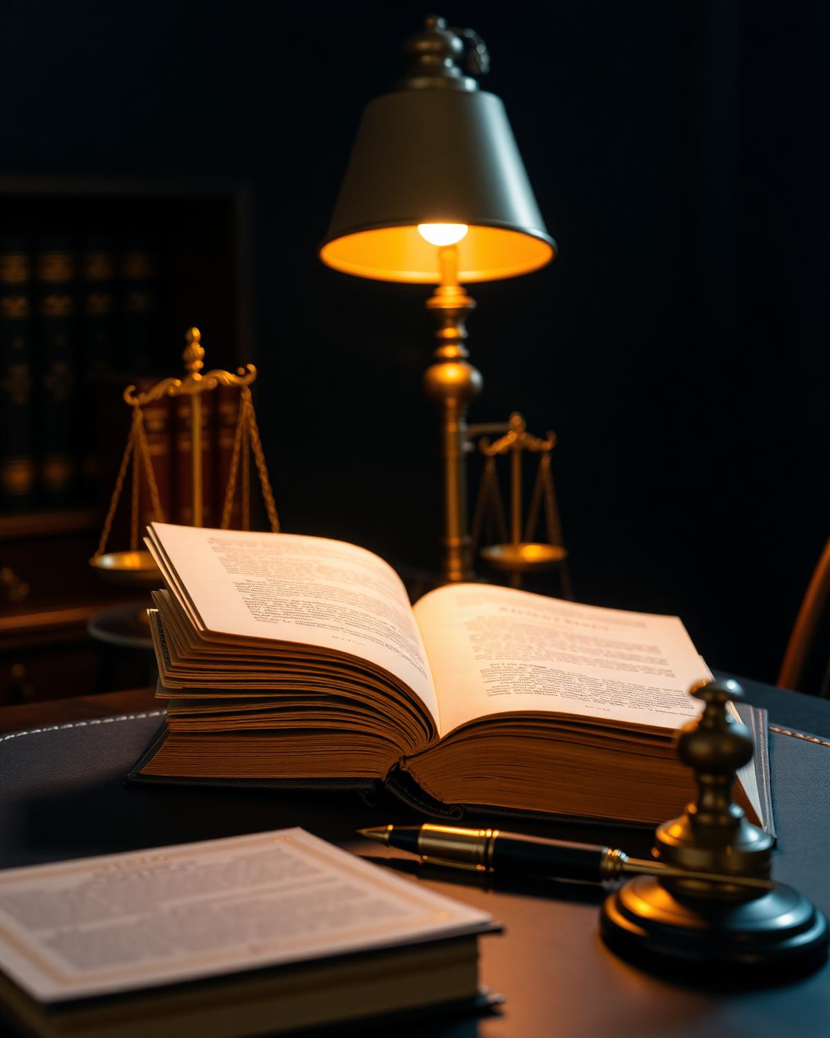 Law books, brass scale of justice and desk lamp